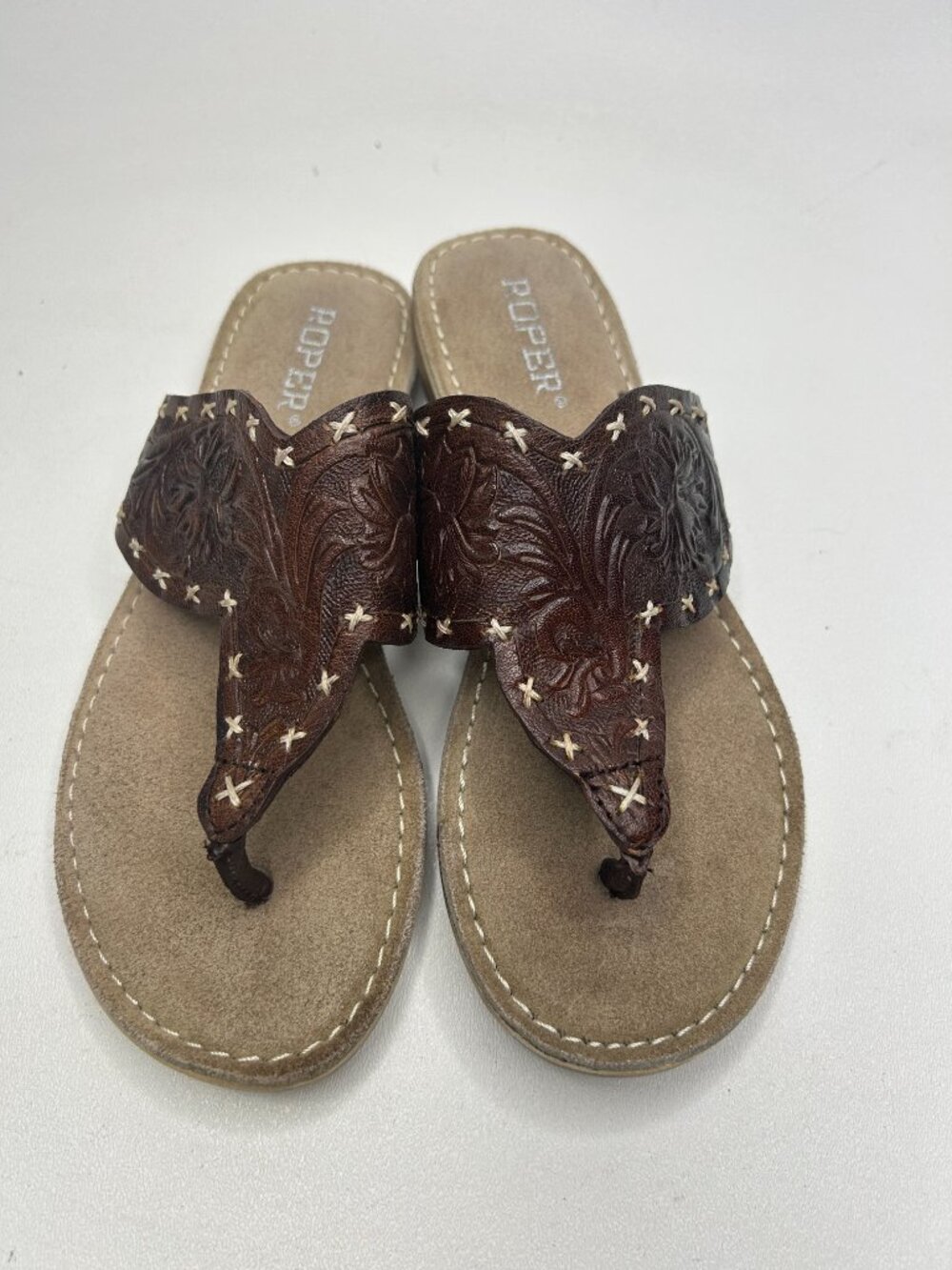 Women's Roper Brown LEATHER 'JULIET' THONG SANDAL w Floral tooling Size 6